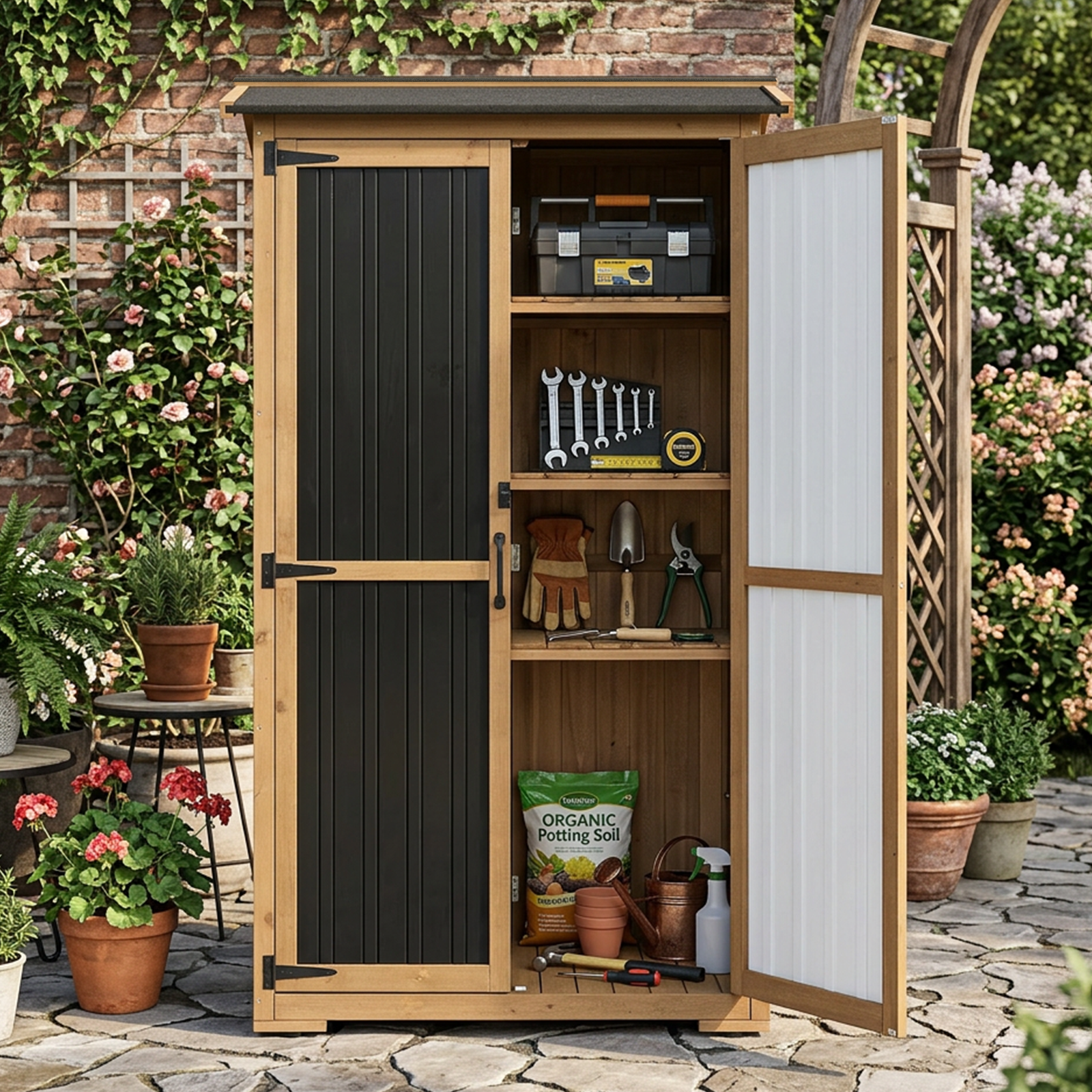 Outdoor Storage Cabinet with Shelves, Waterproof Roof-GF37