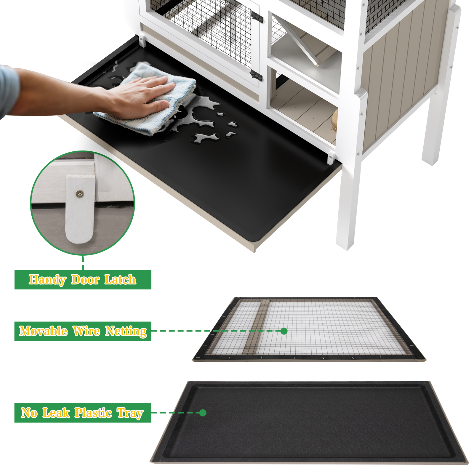 3-Story Wooden Guinea Pig Cage Rabbit Hutch with Stand & Hammock-PET38NEW