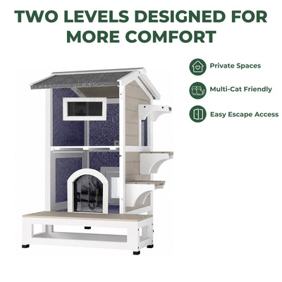 2-Story Insulated Wooden Cat House with Balcony & Escape Door- PET71-TI