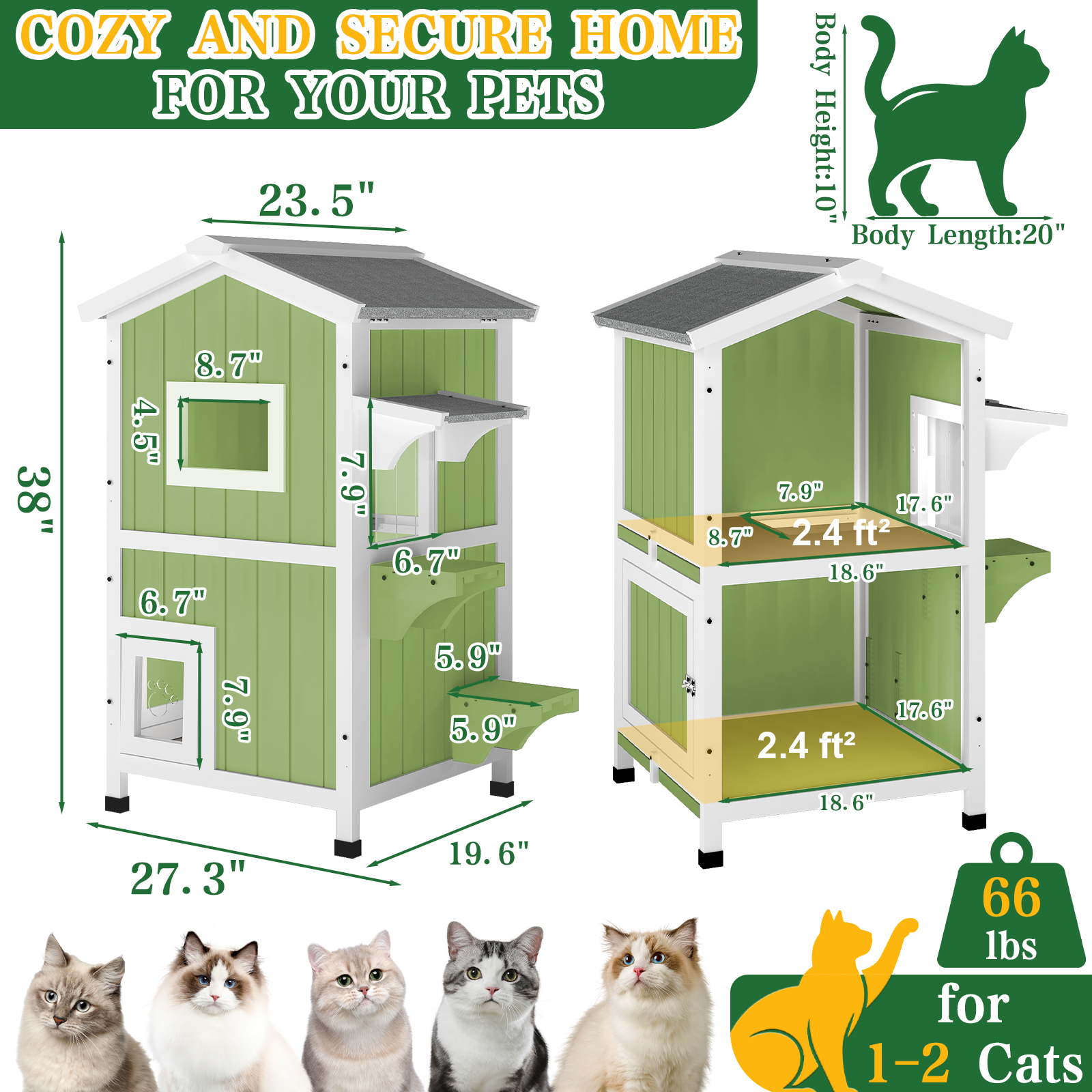 Outdoor Two-Story Weatherproof Wooden Feral Cat Shelter-04-GREENWHITE