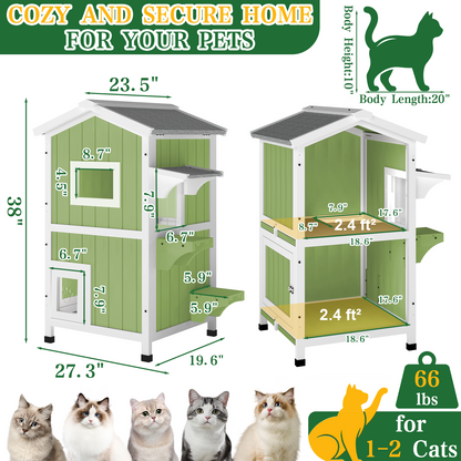 Outdoor Two-Story Weatherproof Wooden Feral Cat Shelter-04-GREENWHITE