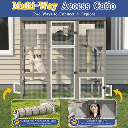 Expandable Multi-Cat Catio with 7 Platforms,2 Rooms, A Hammock & 2 Scratch Posts-PET91