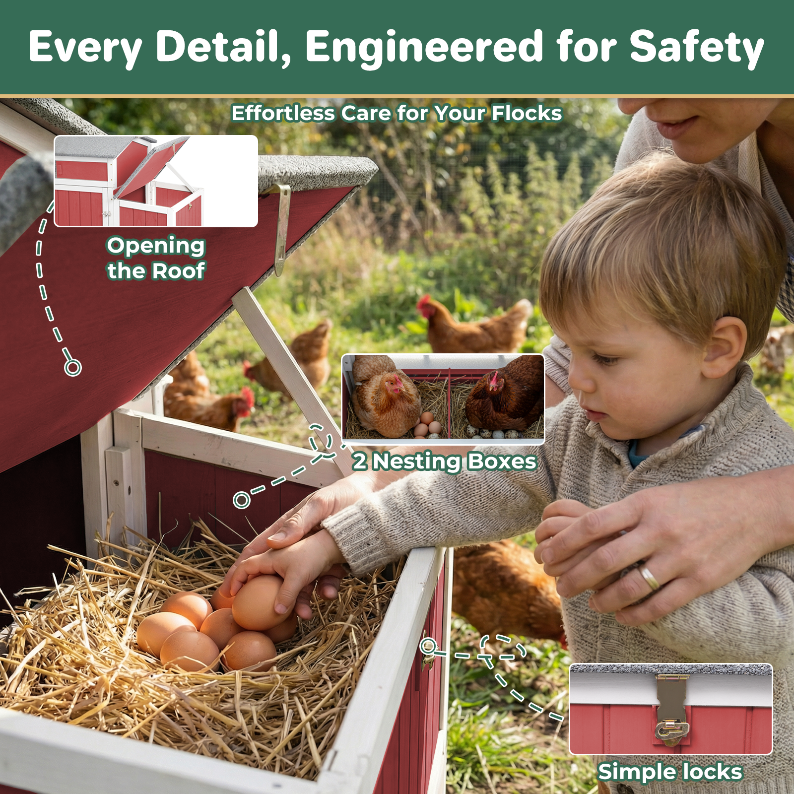 Large Weatherproof Mobile Chicken Coop with Run, Wheels & Swing-PET83-REDWHITE