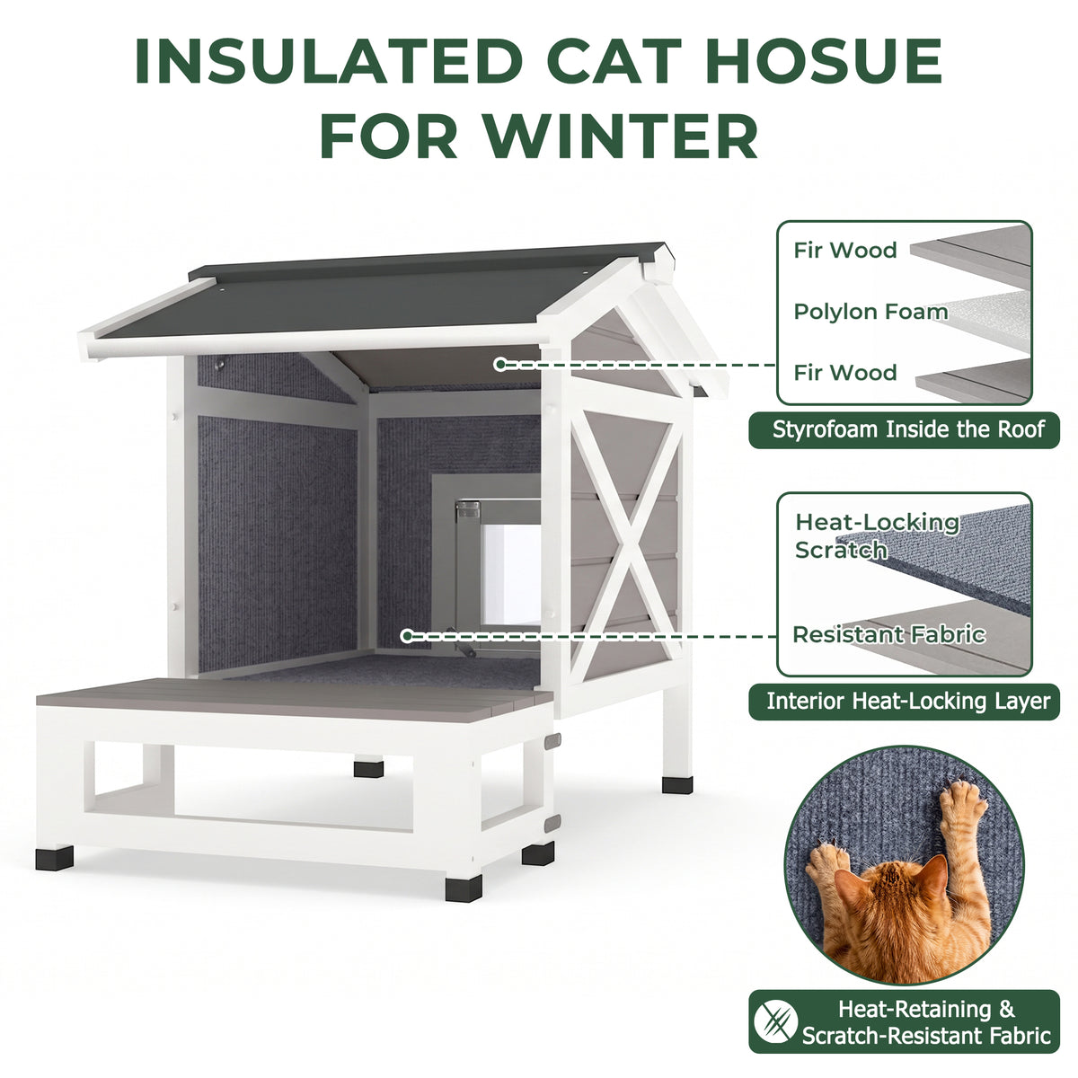 2-Story Insulated Wooden Cat House with Balcony & Escape Door - PET70-TI