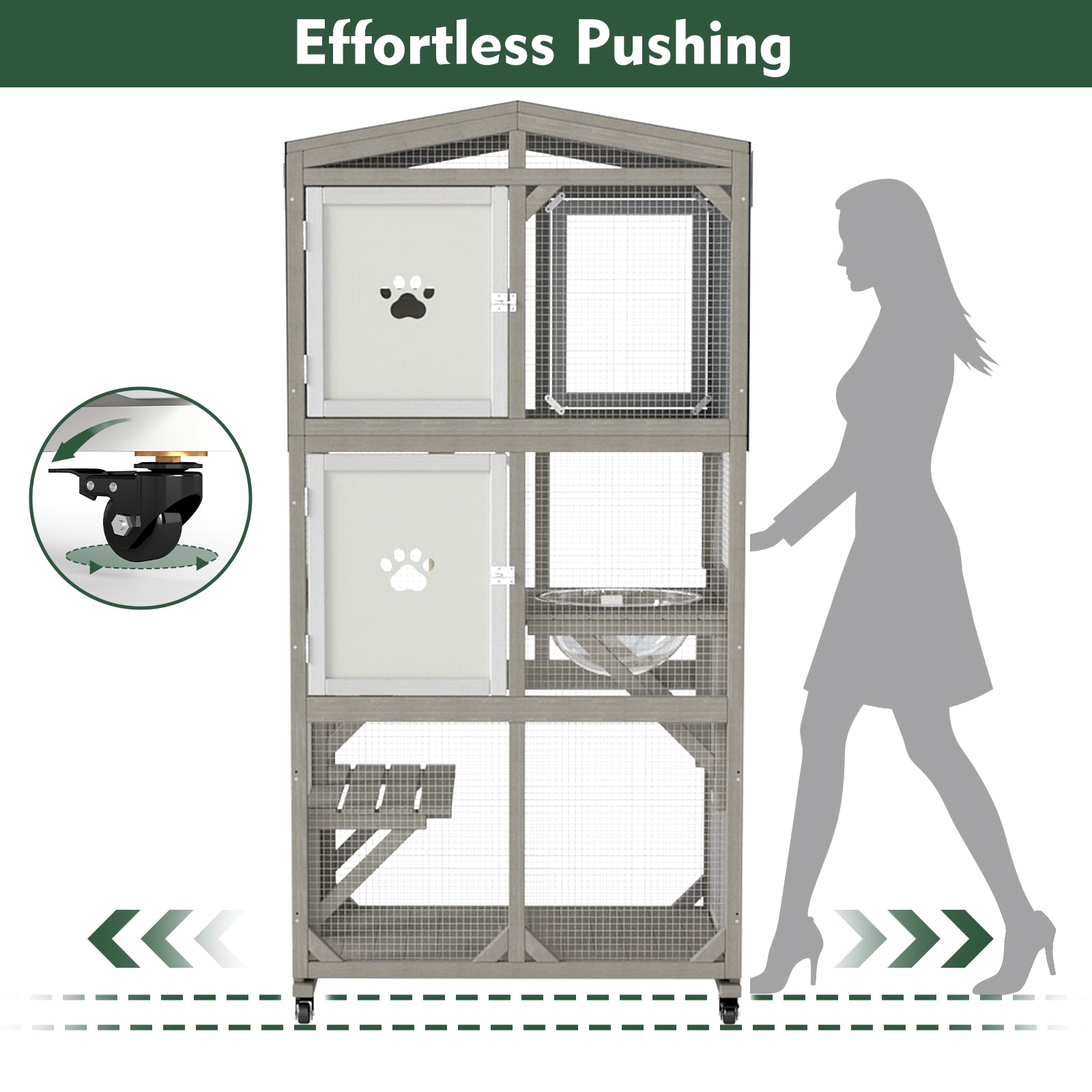 Rolling Wooden Catio with Platforms, Cat Condo & Clear Lounge Area-PET95