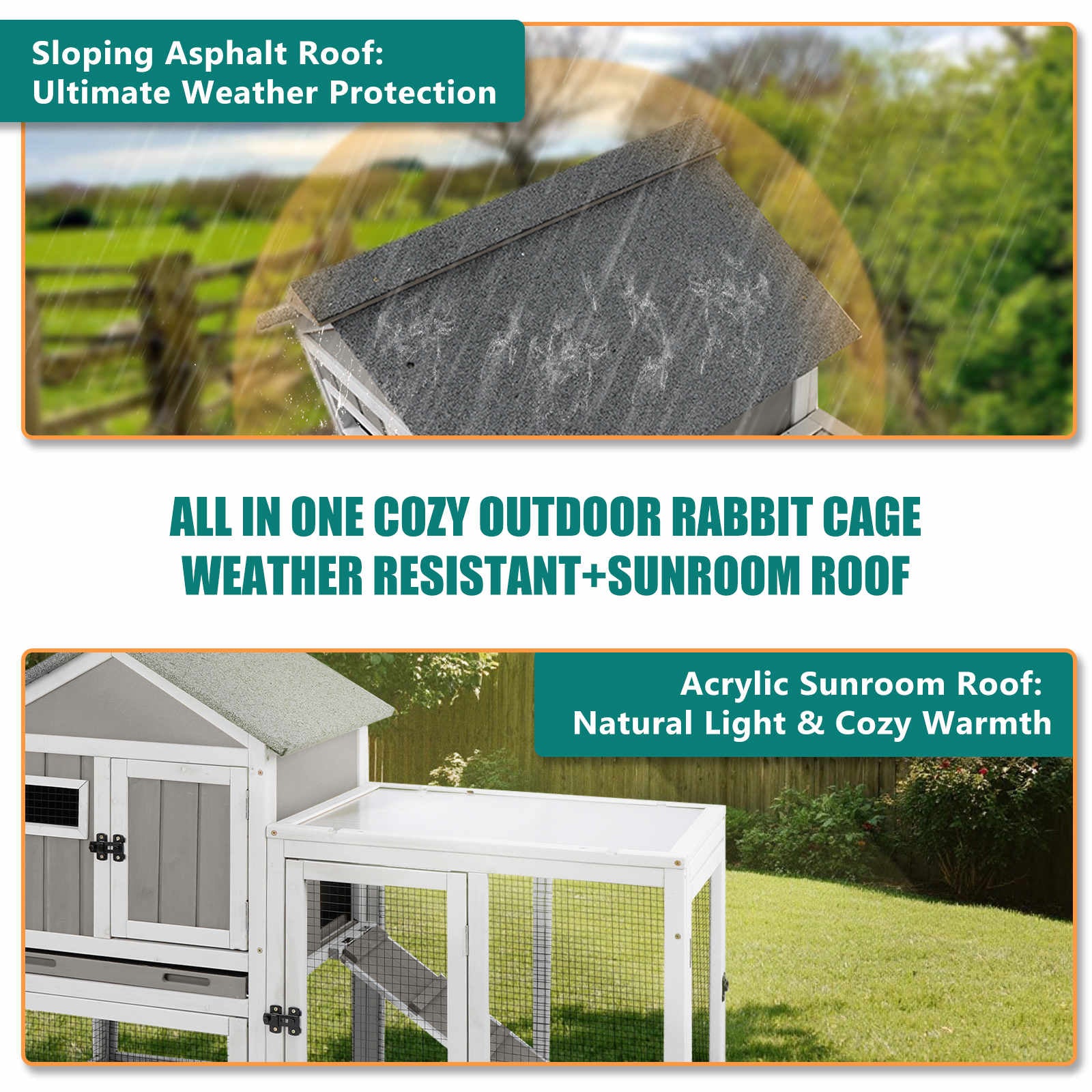 PETSCOSSET 48" Wooden Rabbit Hutch, 2-Story Bunny Cage for Indoors & Outdoors, Waterproof with Tray & Ramp