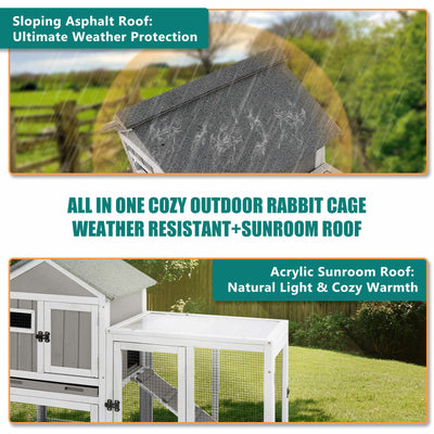 PETSCOSSET 48" Wooden Rabbit Hutch, 2-Story Bunny Cage for Indoors & Outdoors, Waterproof with Tray & Ramp