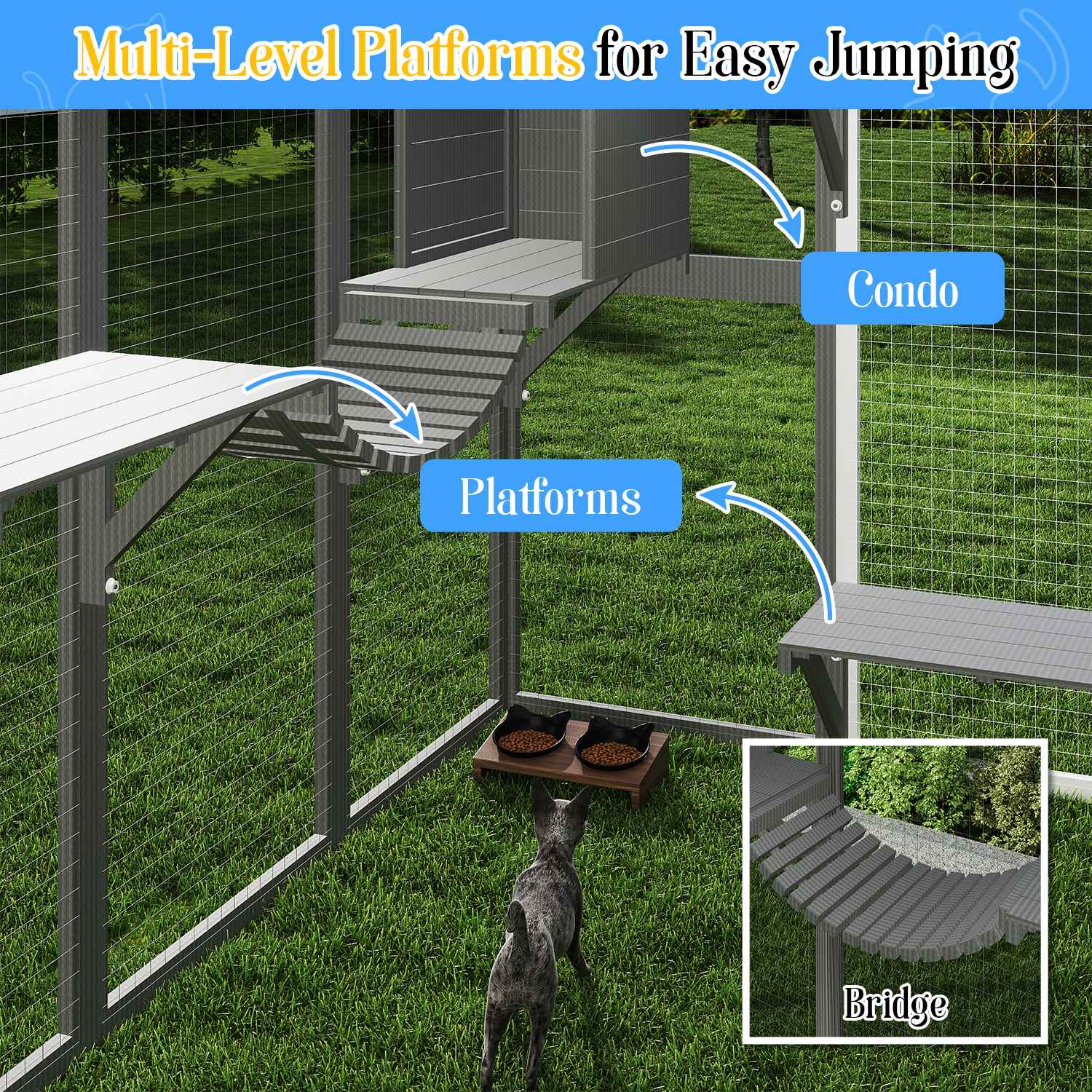 PETSCOSSET Extra Large Outdoor Catio, Weatherproof Walk-In Cat Enclosure with Bridges, Full Cover, 8 Platforms & 2 Resting Boxes