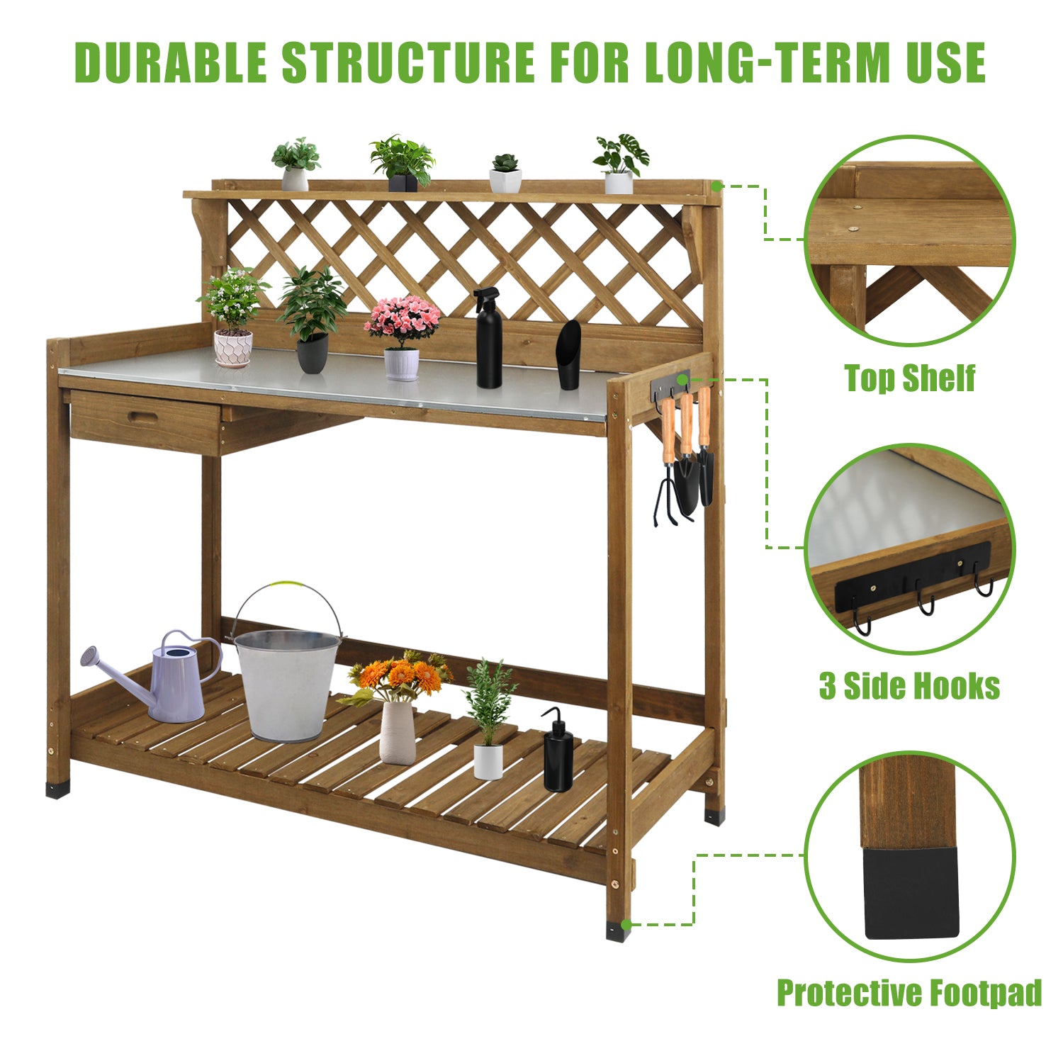 Side view of natural stained fir wood gardening workbench