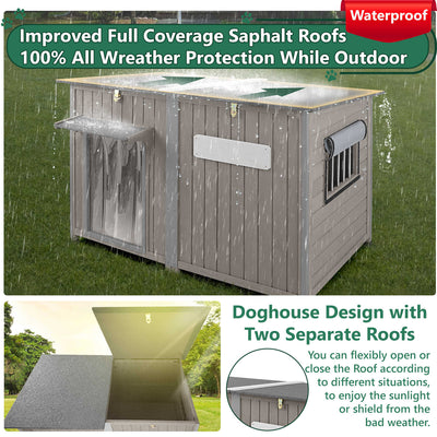 PETSCOSSET Large Dog House, Outdoor Wooden Dog Kennel with Weatherproof Asphalt Roof for Medium to Large Dogs, Gray