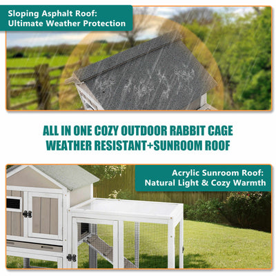 PETSCOSSET 48" Wooden Rabbit Hutch, 2-Story Bunny Cage for Indoors & Outdoors, Waterproof with Tray & Ramp