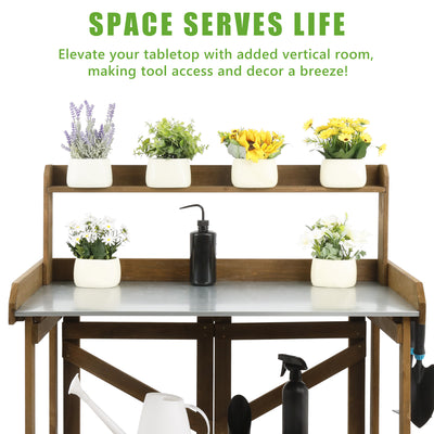 Side view of brown wooden potting bench with shelves