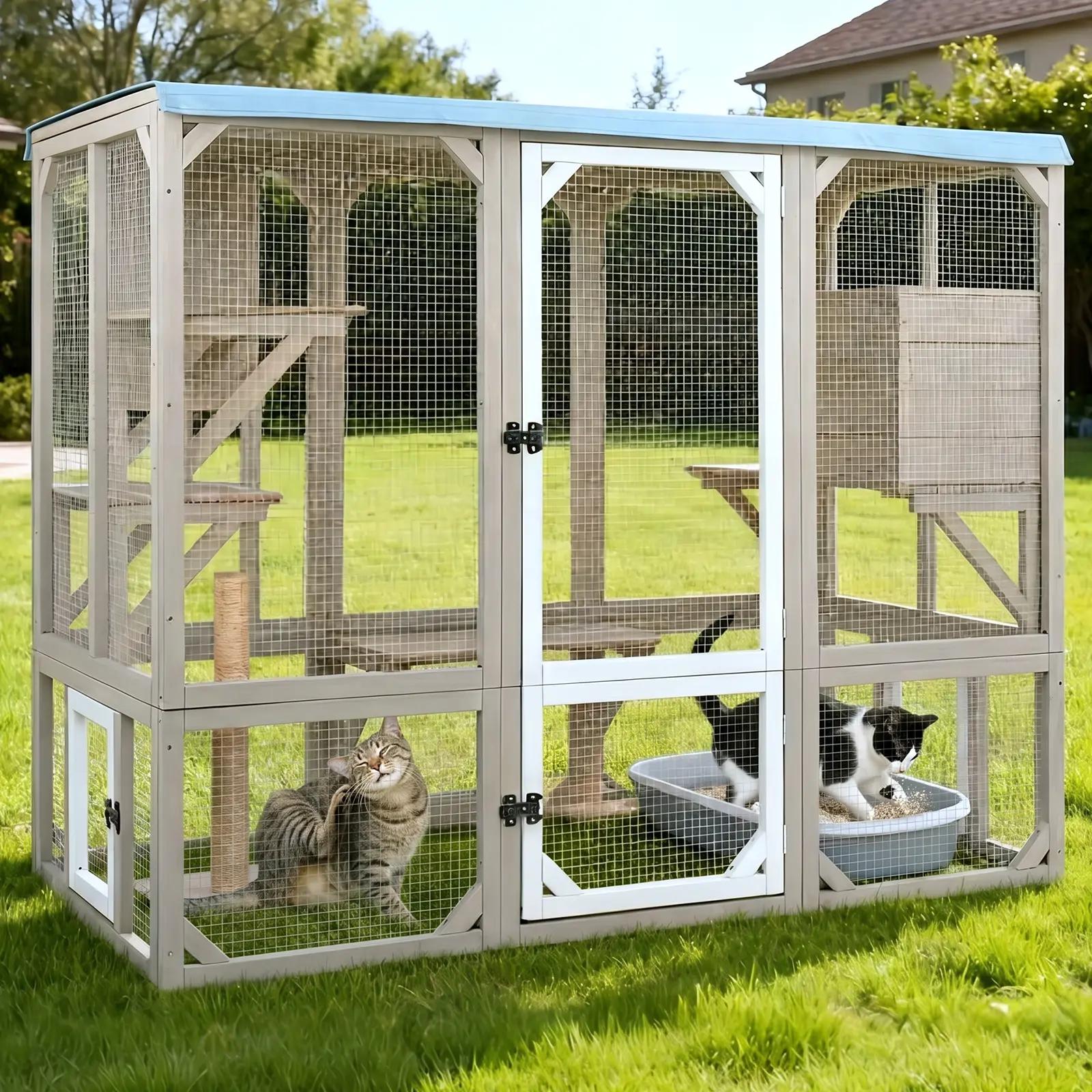 5-Door Expandable Outdoor Wooden Cat Enclosure with Window Access-PET78