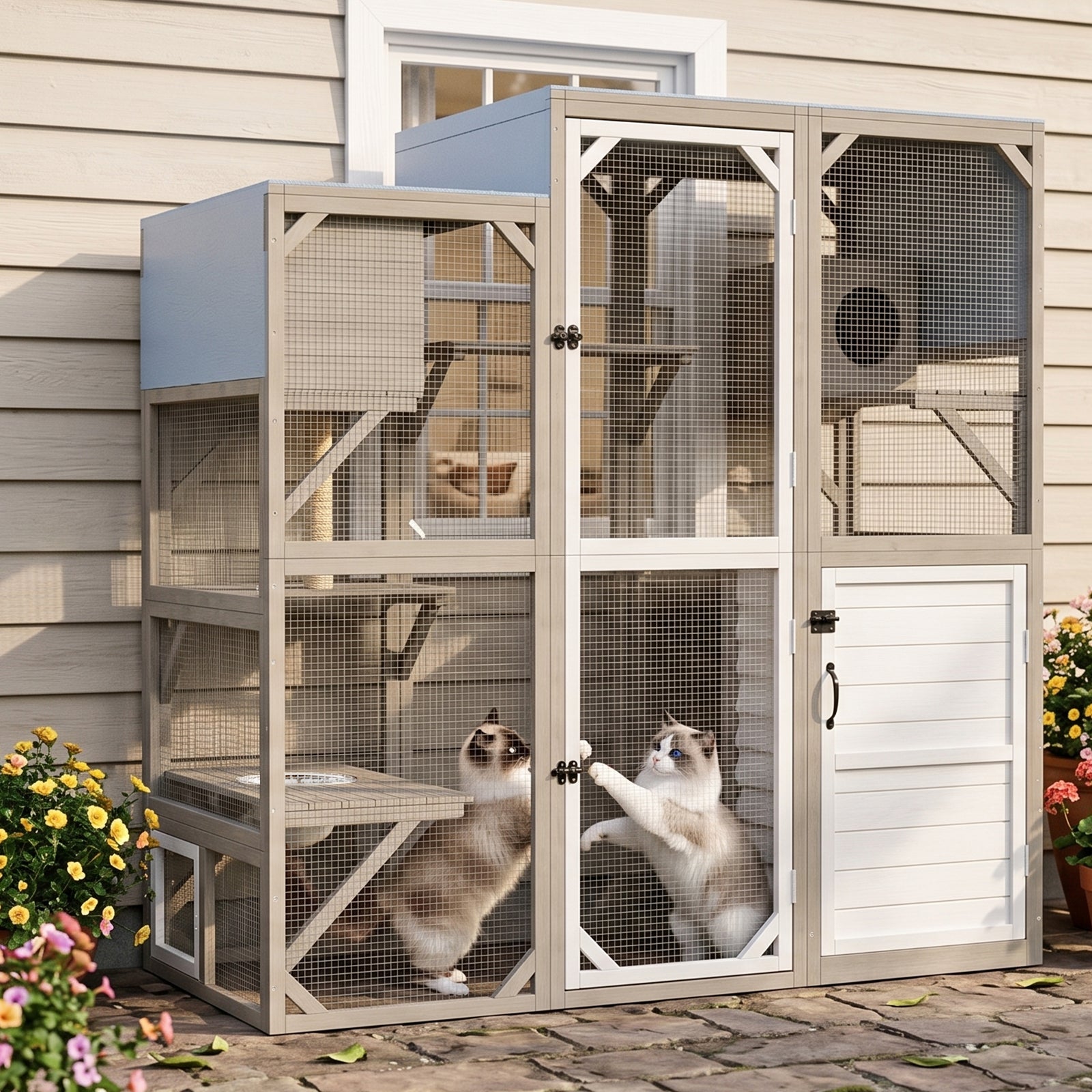 Large Walk-in Wooden Catio with Storage Cabinet, 7 Platforms, Resting Boxes, Scratching Posts – PET96