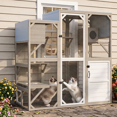 Large Walk-in Wooden Catio with Storage Cabinet, 7 Platforms, Resting Boxes, Scratching Posts – PET96