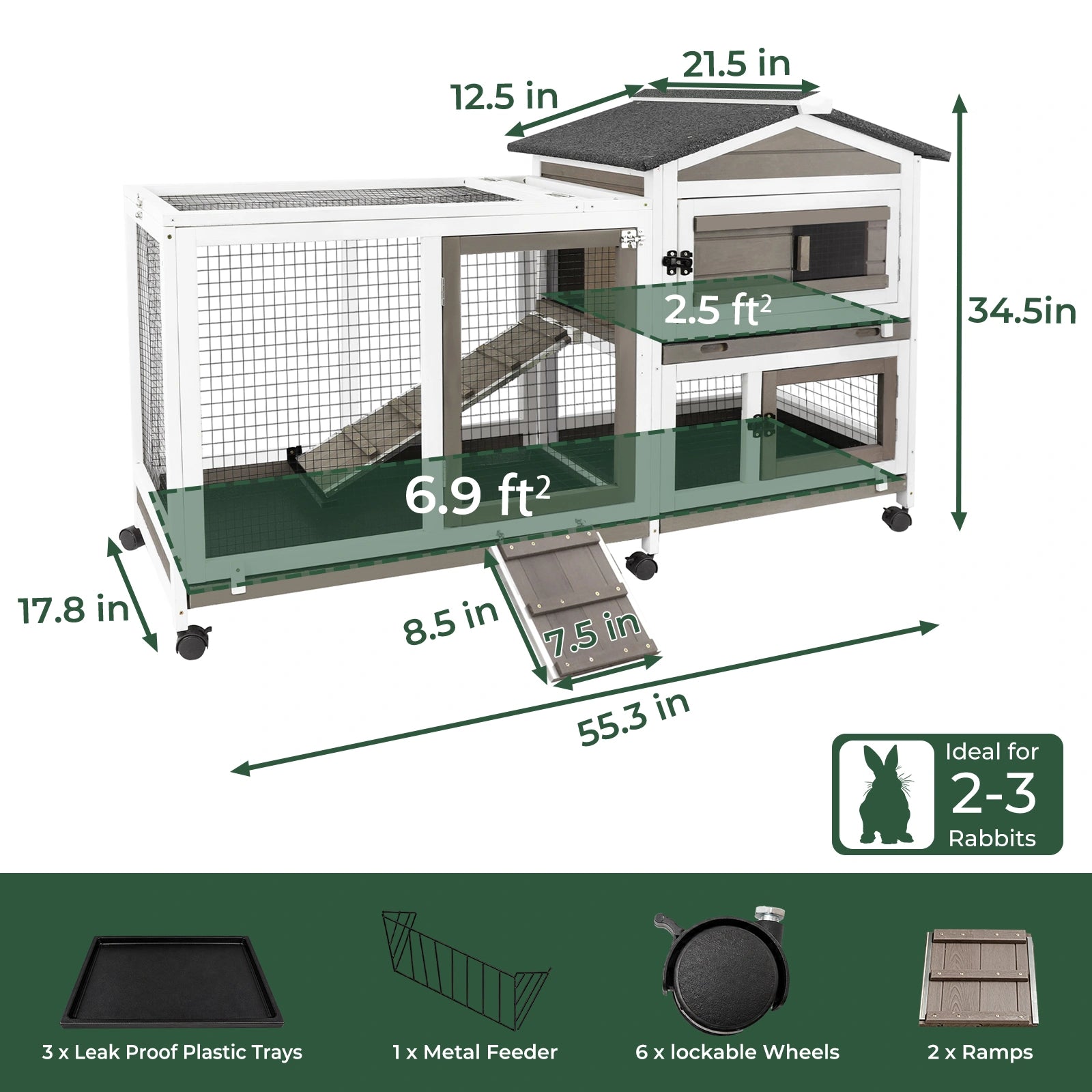 PETSCOSSET Rabbit Hutch (55.3"L) - 2-Story, Wheels & 3 Trays - RAB14