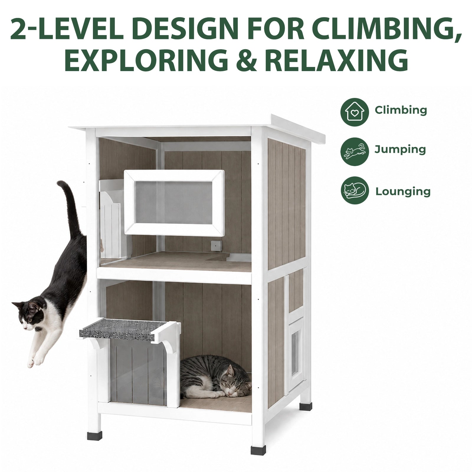 2-Story Weatherproof Wooden Cat House Spacious Outdoor Shelter - PET20