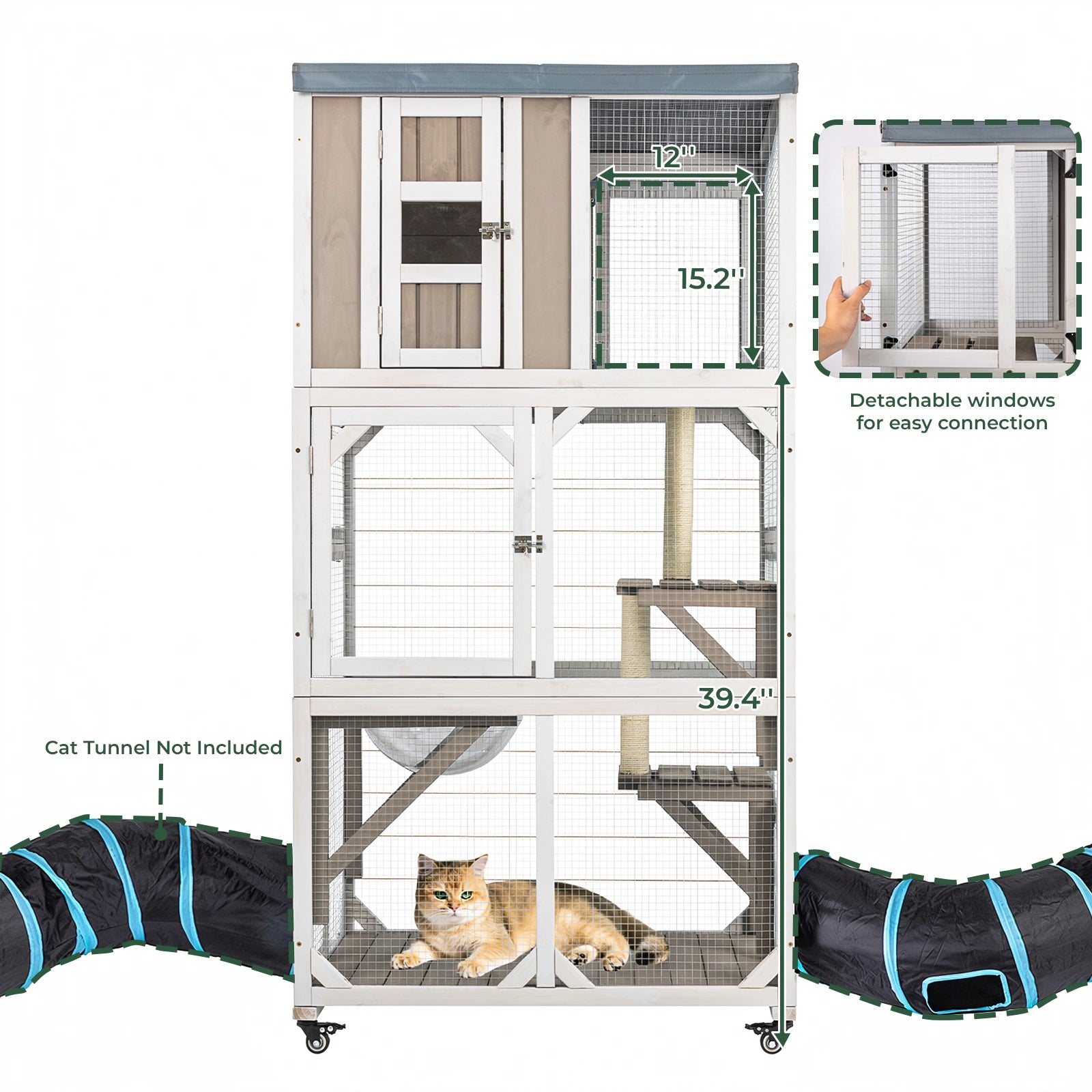 63.5" Wooden Outdoor Catio on Wheels with Waterproof Roof, 2 Sisal Scratching Posts-PET77