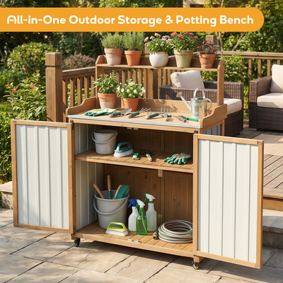 Mobile Potting Bench & Storage Cabinet with Lockable Wheels-GF40