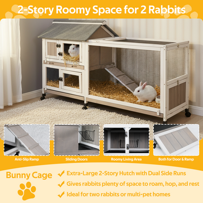 PETSCOSSET Rabbit Hutch Outdoor Indoor Bunny Hutch with Run 2-Story Large Rabbit Cage on 6 Wheels, 3 Leak Proof Trays, Ramp, Waterproof Roof for Small to Medium Animals, Expandable Design