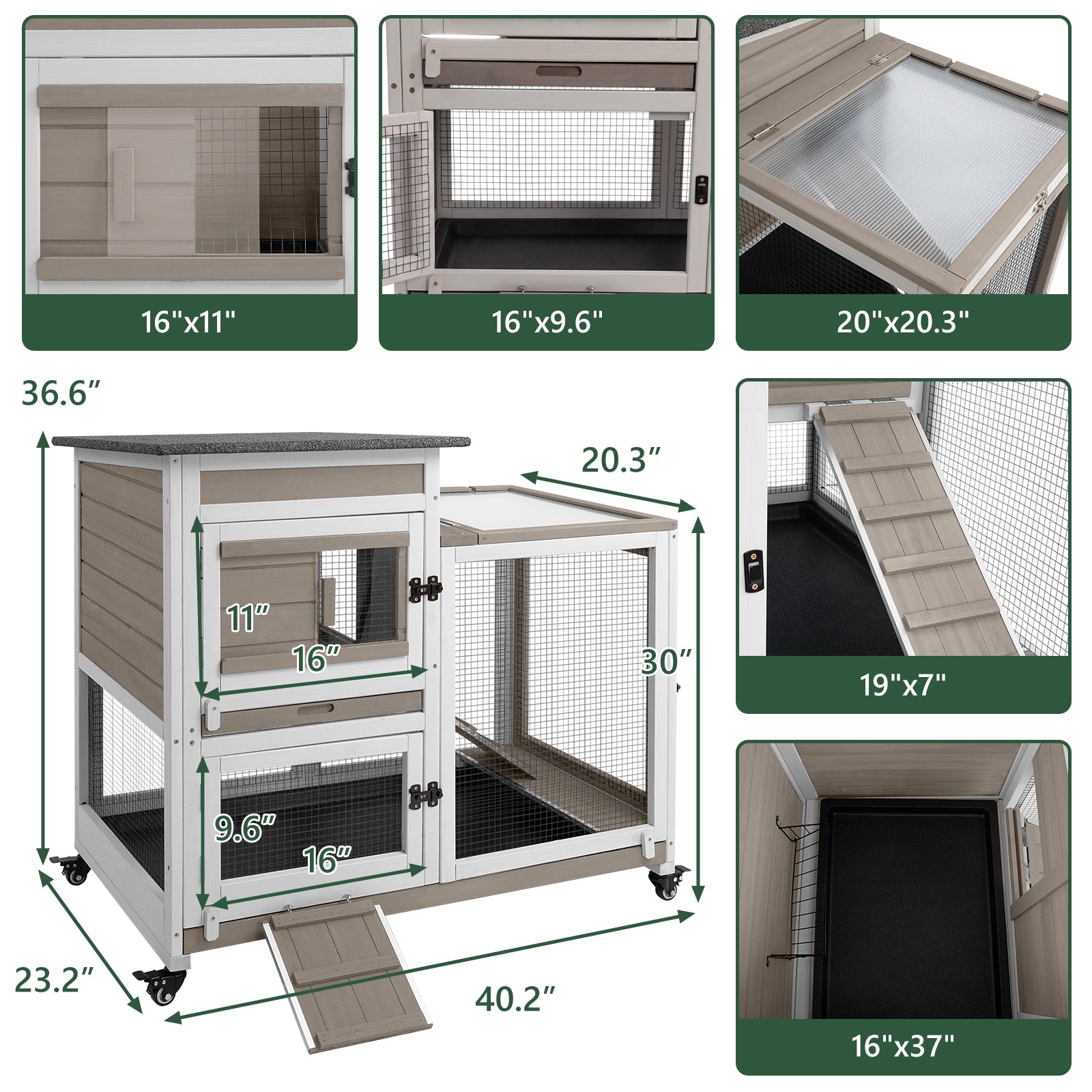 Wooden 2-Story Rabbit Hutch with Wheels & Run-PET32