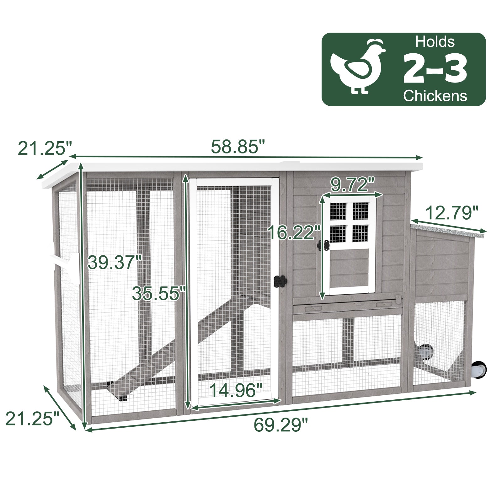 Small Chicken Coop with Run for 2-3 Chickens with Wheels