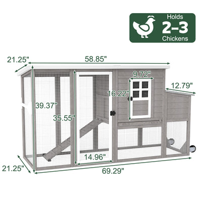 Small Chicken Coop with Run for 2-3 Chickens with Wheels