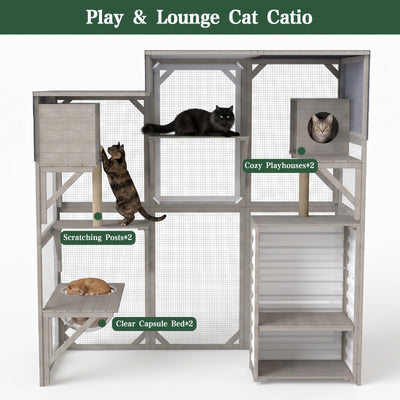 Large Walk-in Wooden Catio with Storage Cabinet, 7 Platforms, Resting Boxes, Scratching Posts – PET96