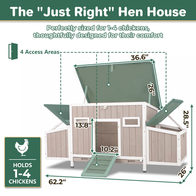 PETSCOSSET 62"L Weatherproof Outdoor Chicken Coop for 2-4 Chickens, Large Hen House with 4 Nesting Boxes