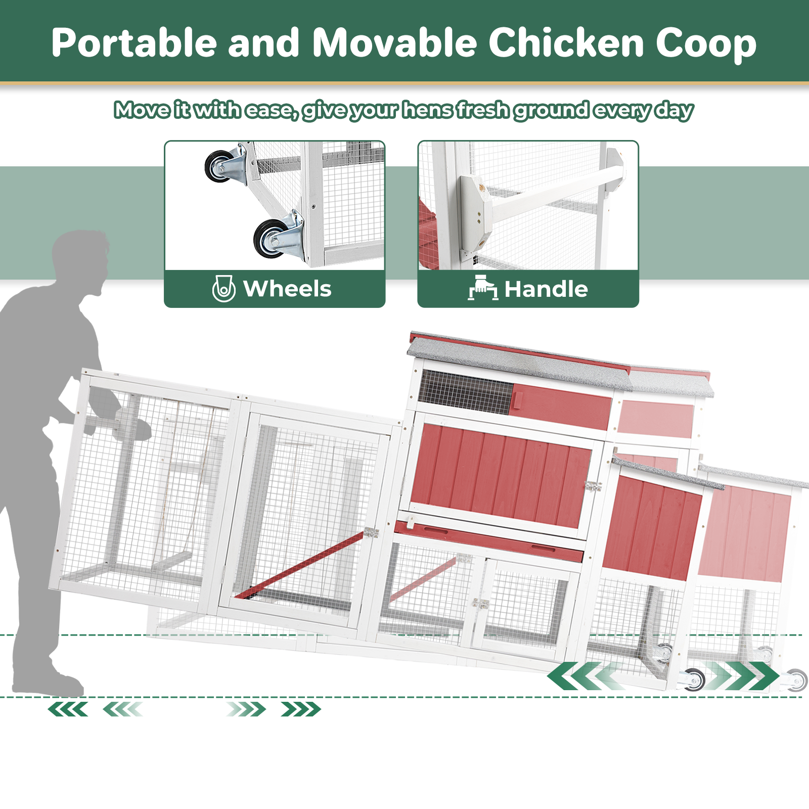 Weatherproof Hen House Chicken Coop on Wheels with Run-PET82-REDWHITE