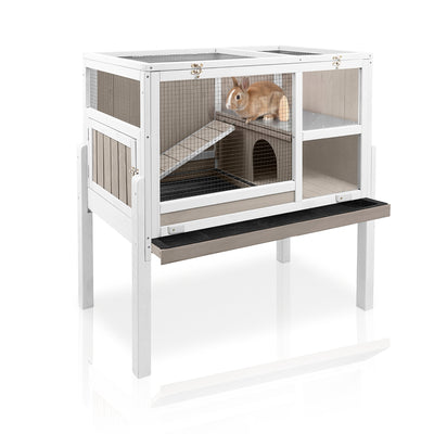 PETSCOSSET Rabbit & Guinea Pig Hutch (38"L) - 2-Story, Hideout & Tray - PET37