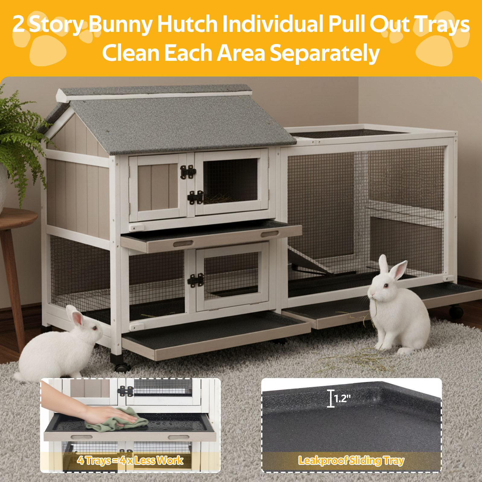59" 2-Story Rabbit Hutch with Asphalt Roof & Trays- PET80