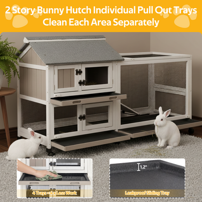 PETSCOSSET Rabbit Hutch Outdoor Indoor Bunny Hutch with Run 2-Story Large Rabbit Cage on 6 Wheels, 3 Leak Proof Trays, Ramp, Waterproof Roof for Small to Medium Animals, Expandable Design