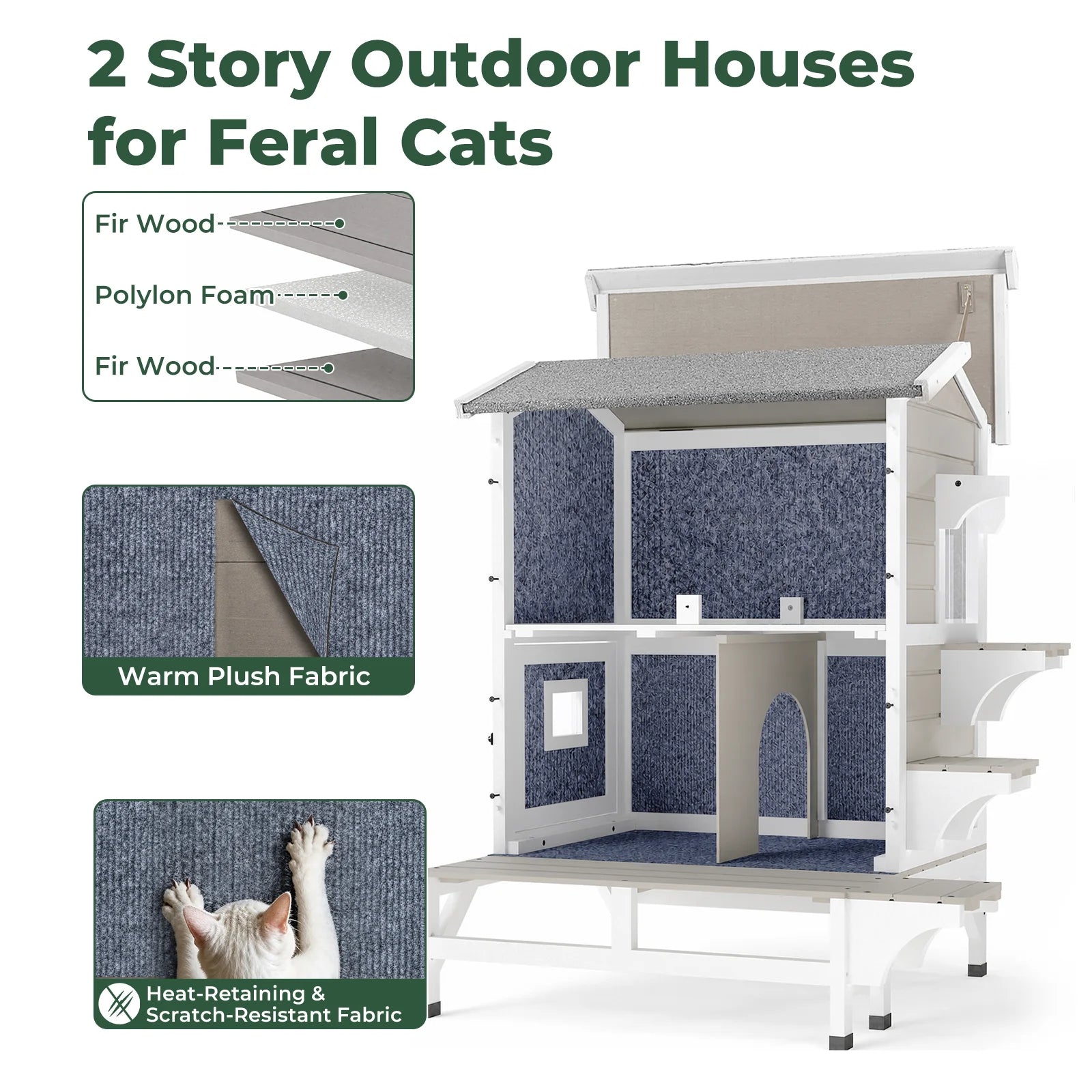 2-Story Insulated Wooden Cat House with Balcony & Open Roof - PET73-TI