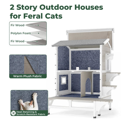 2-Story Insulated Wooden Cat House with Balcony & Open Roof - PET73-TI