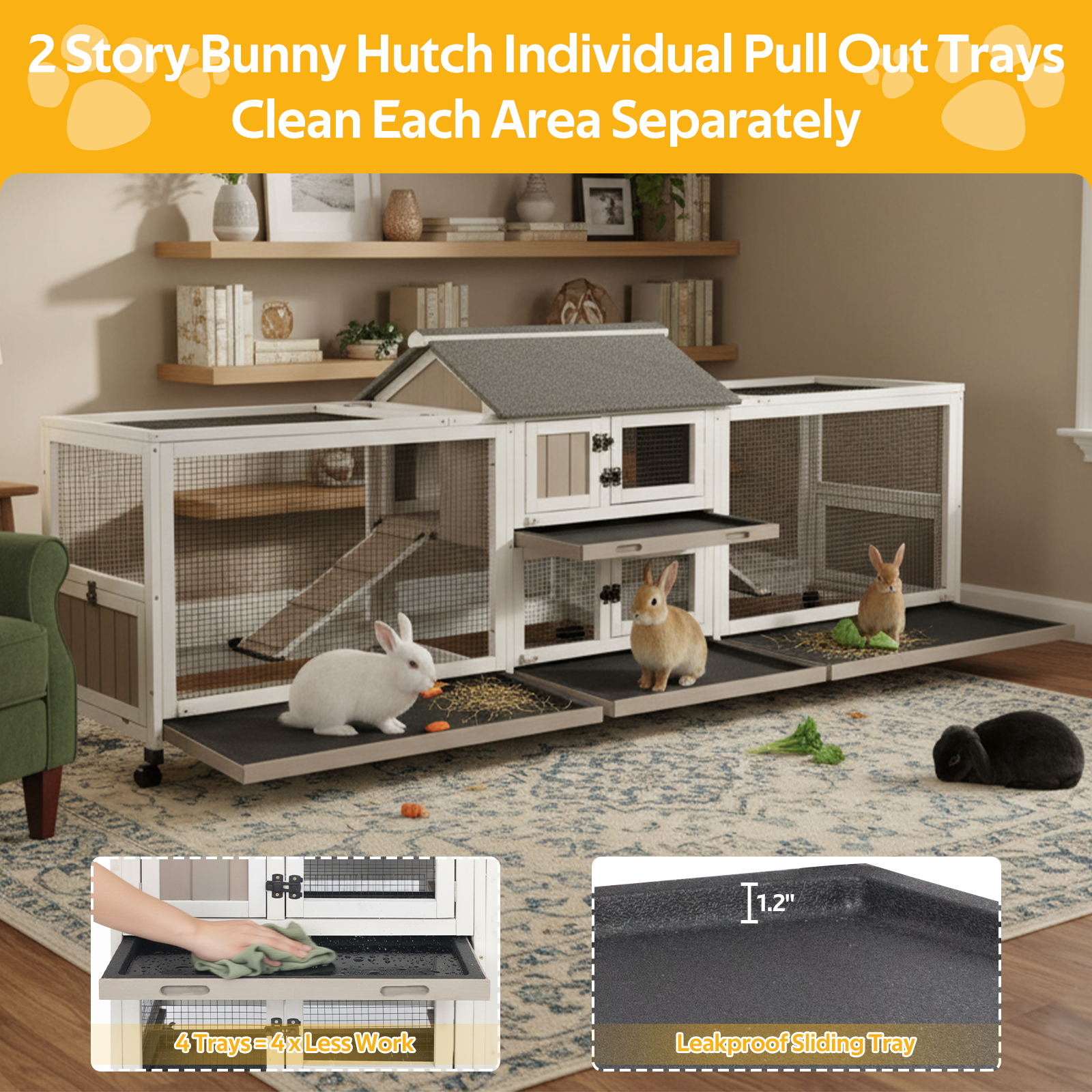 Large Outdoor Wooden Rabbit Hutch with Double Runs & Wheels-PET81