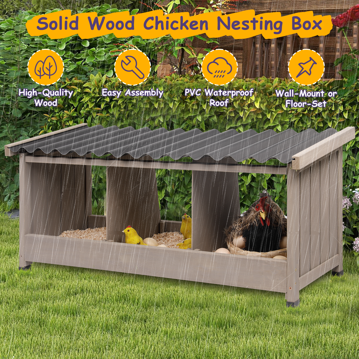 Close-up of chicken nesting box compartments with PVC roof