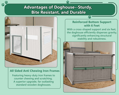 PETSCOSSET Large Dog House, Wooden Dog Kennel with Asphalt Roof for Medium Dog, Gray