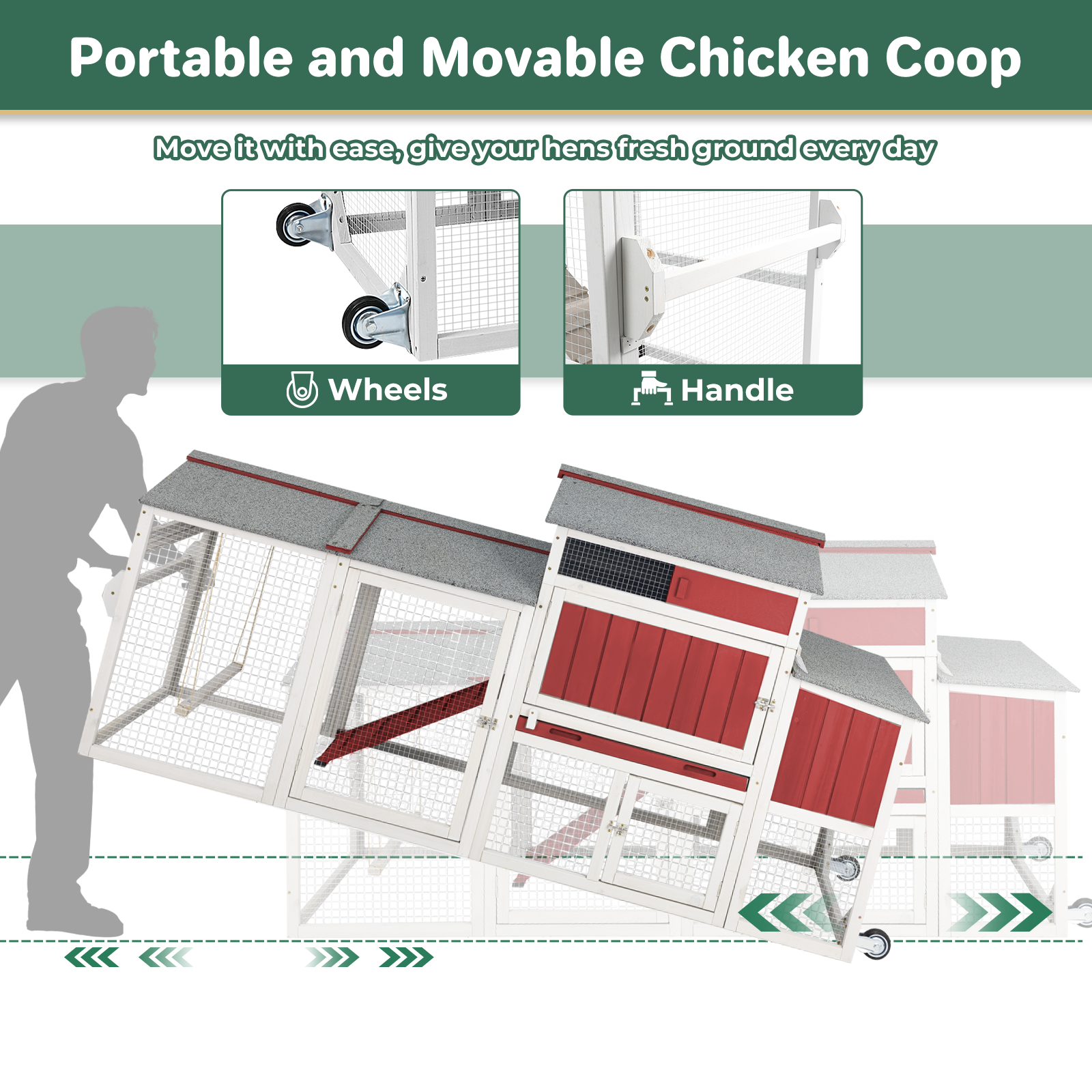 Large Weatherproof Mobile Chicken Coop with Run, Wheels & Swing-PET83-REDWHITE