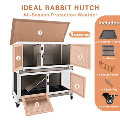 Two-level rabbit cage with ramp and mesh windows