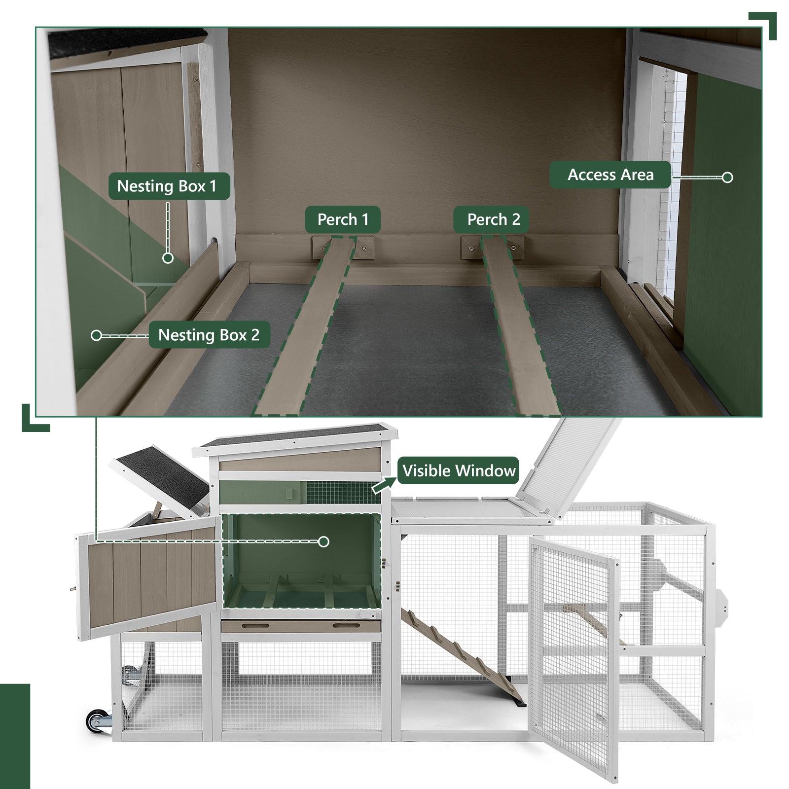 Medium Chicken Coop with Run for 2-6 Chickens with Wheels - PET23NEW