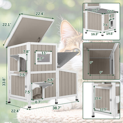 2-Story Weatherproof Wooden Cat House with 3 Escape Doors - PET19