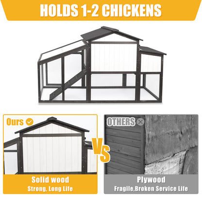 65″L Wooden Hen House with Nesting Box, Run,UV Panel-PET06-BLACKWHITE