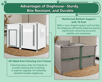 PETSCOSSET Large Dog House, Outdoor Wooden Dog Kennel with Weatherproof Asphalt Roof for Medium to Large Dogs, Gray