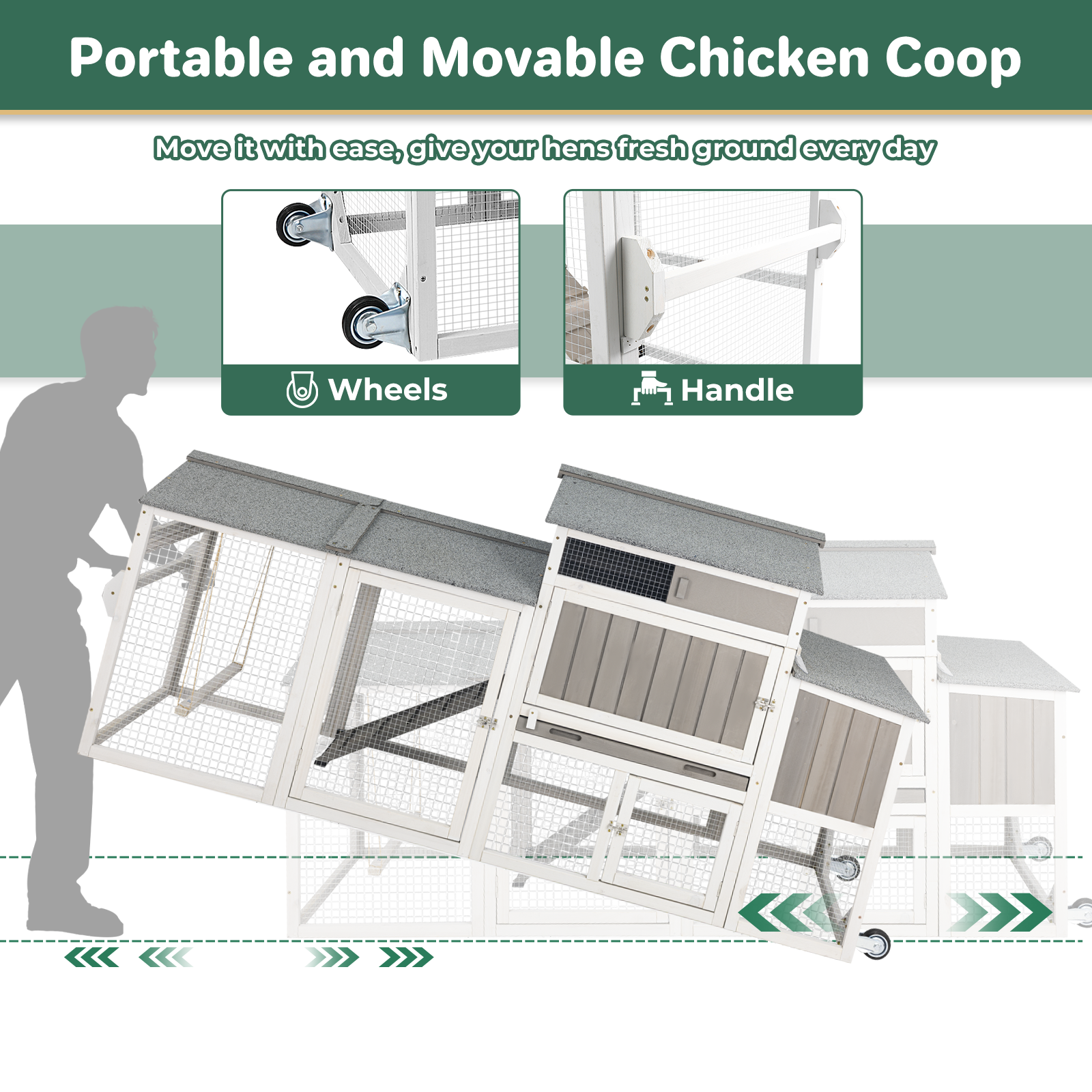 Large Weatherproof Mobile Chicken Coop with Run, Wheels & Swing-PET83-GREYWHITE