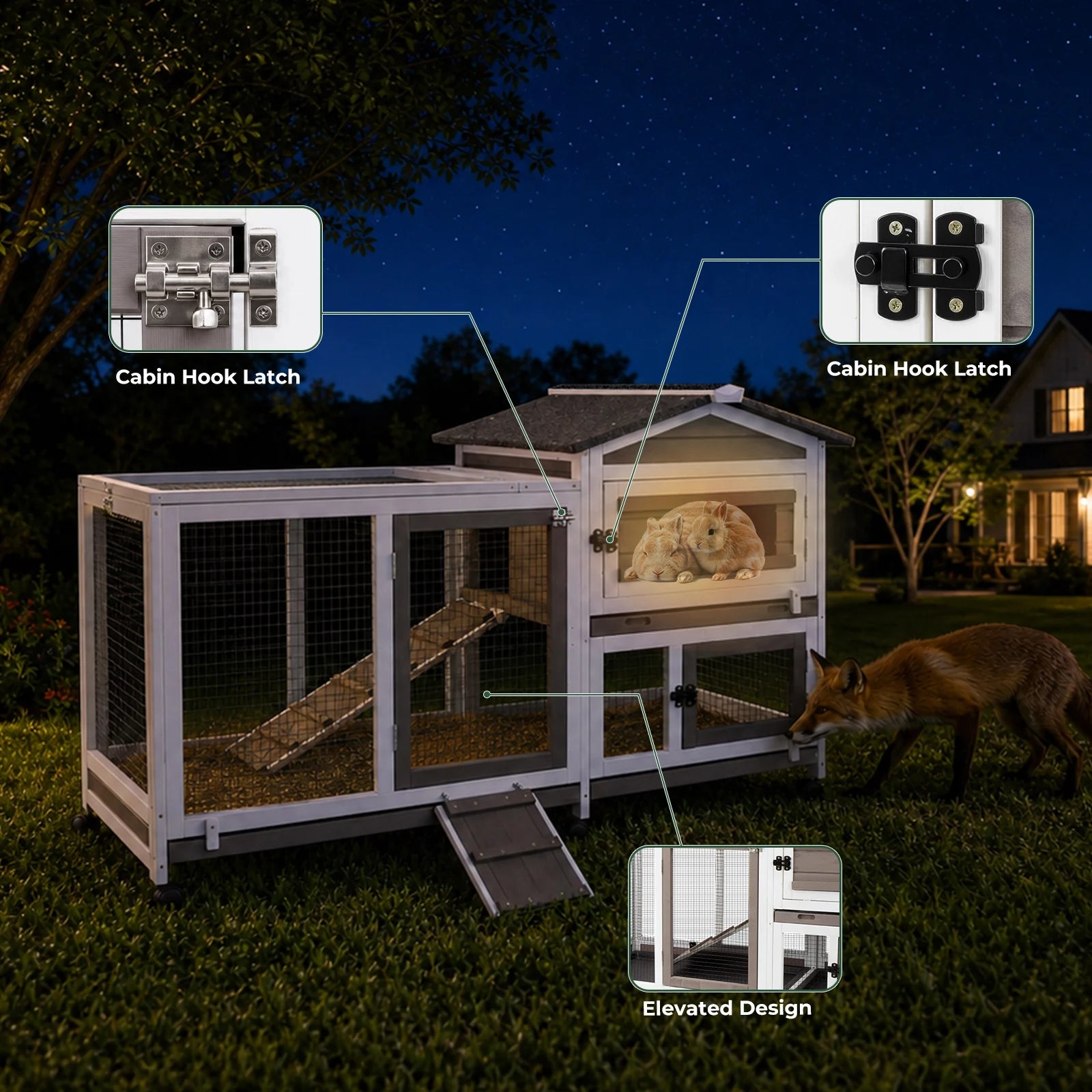 PETSCOSSET Rabbit Hutch (55.3"L) - 2-Story, Wheels & 3 Trays - RAB14