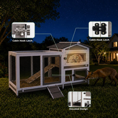 PETSCOSSET Rabbit Hutch (55.3"L) - 2-Story, Wheels & 3 Trays - RAB14