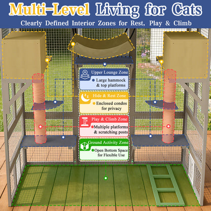 Expandable Multi-Cat Catio with 7 Platforms,2 Rooms, A Hammock & 2 Scratch Posts-PET91