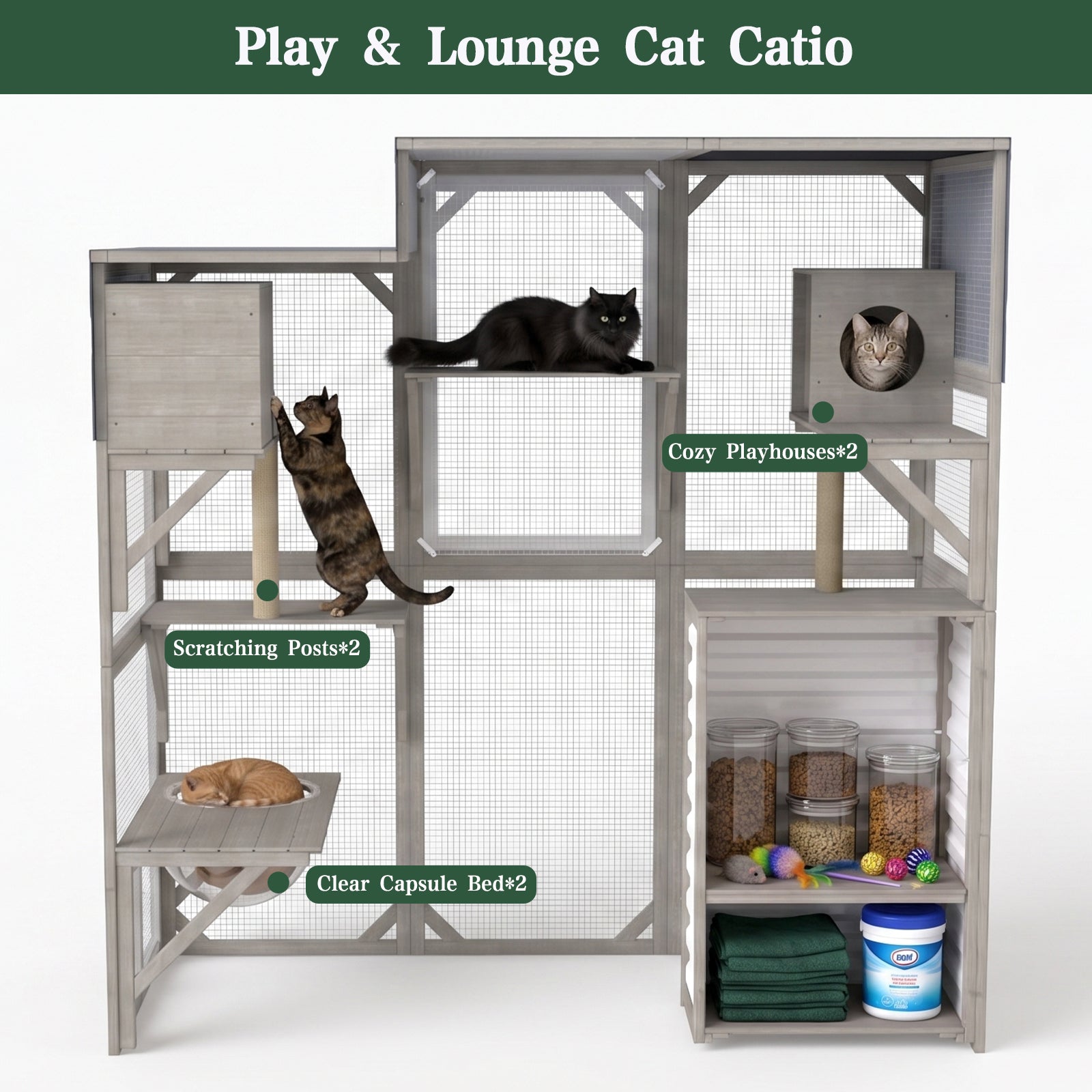 Large Walk-in Wooden Catio with Storage Cabinet, 7 Platforms, Resting Boxes, Scratching Posts – PET96