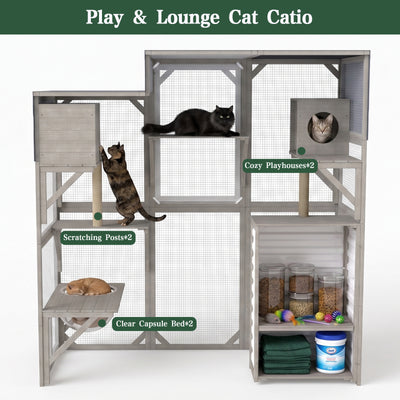 Large Walk-in Wooden Catio with Storage Cabinet, 7 Platforms, Resting Boxes, Scratching Posts – PET96